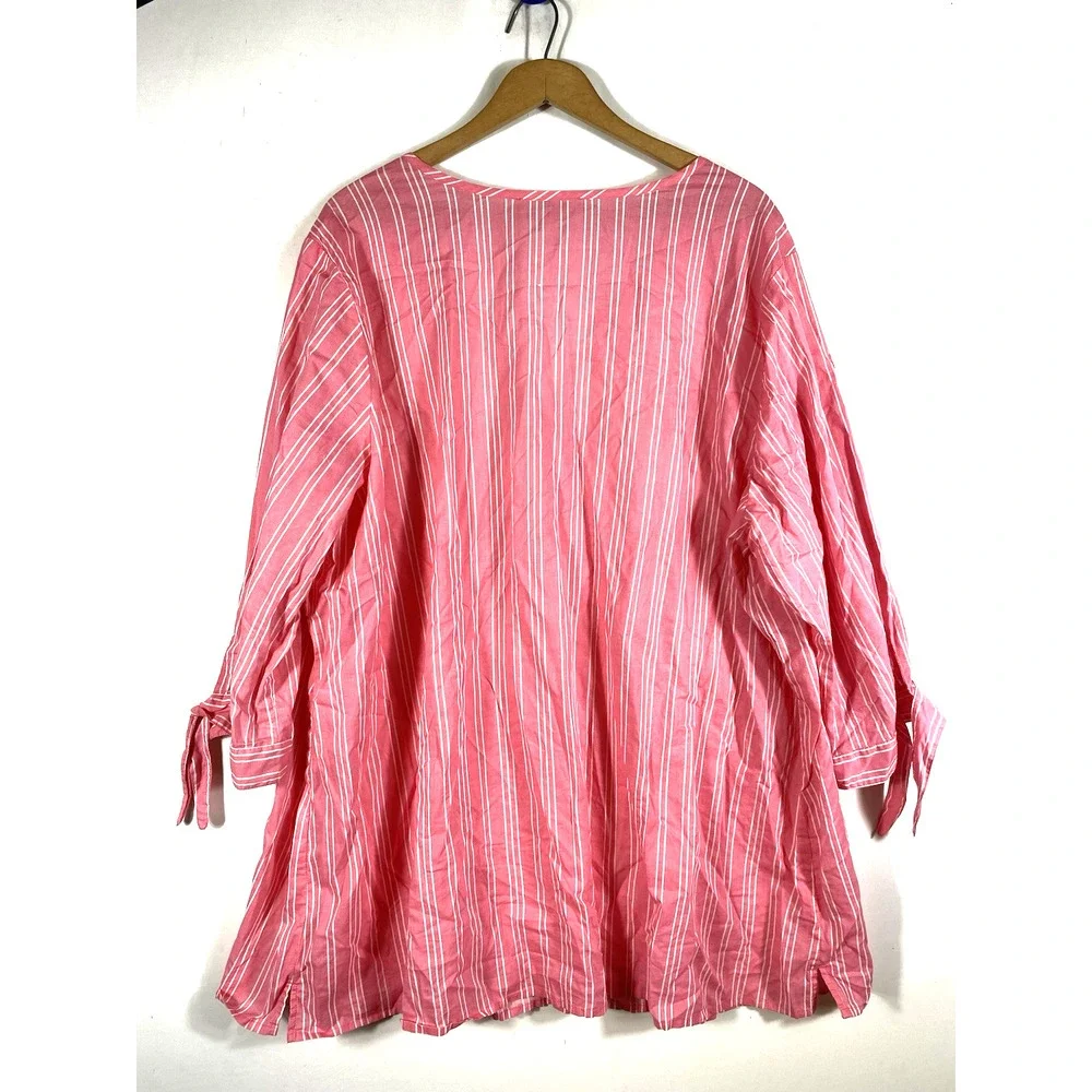 Woman Within Tunic Top 2X 26/28 Pink White French Ticking Stripe Preppy Coastal - Picture 9 of 11